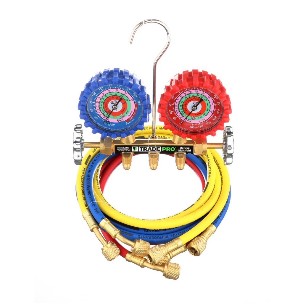 TP-2VM5H - 2-Valve Brass Manifold for R-410a/404a/22 5 FT. SOFT MAGIC® BARRIER HOSES 2.5” LPF™ Color Coded Gauges