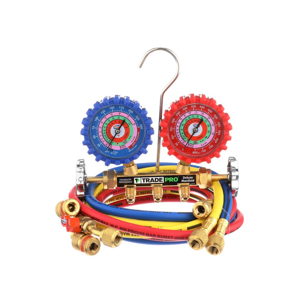 TP-2VM5HEZ - 2-Valve Brass Manifold for R-410a/404a/22 5 FT. EZ TURN® ANTI-BLOWBACK HOSES 2.5” LPF™ Color Coded Gauges