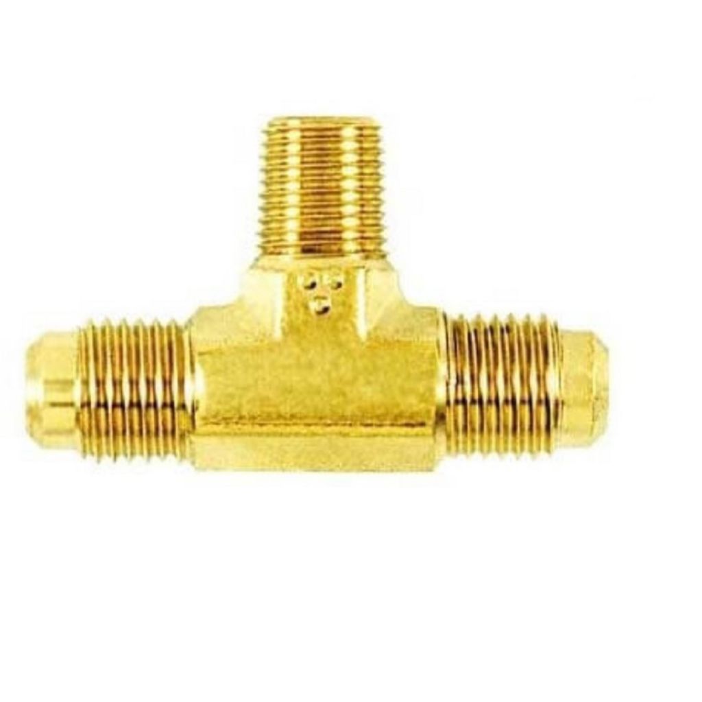 TP-9616 - 1/4" M. Flare Access x 1/8" MPT (on run) x 1/4" M. Flare Access on Branch, CD2245 Brass Cap and Valve Core.