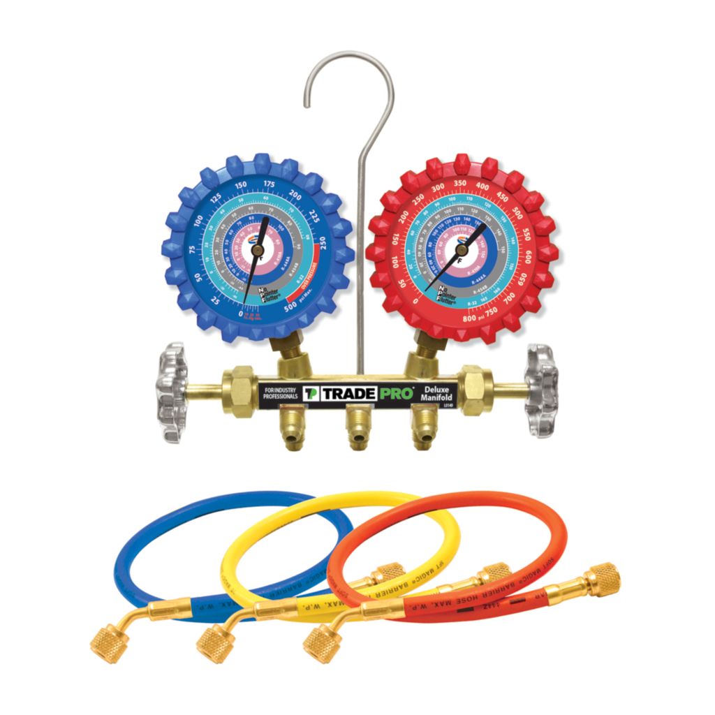 TP-A2LM5H - A2L Two Valve Brass Manifold with 3-1/8" NPF® Gauges (R-32/R-454B/R-448A/R410A) and 5 ft. Hoses