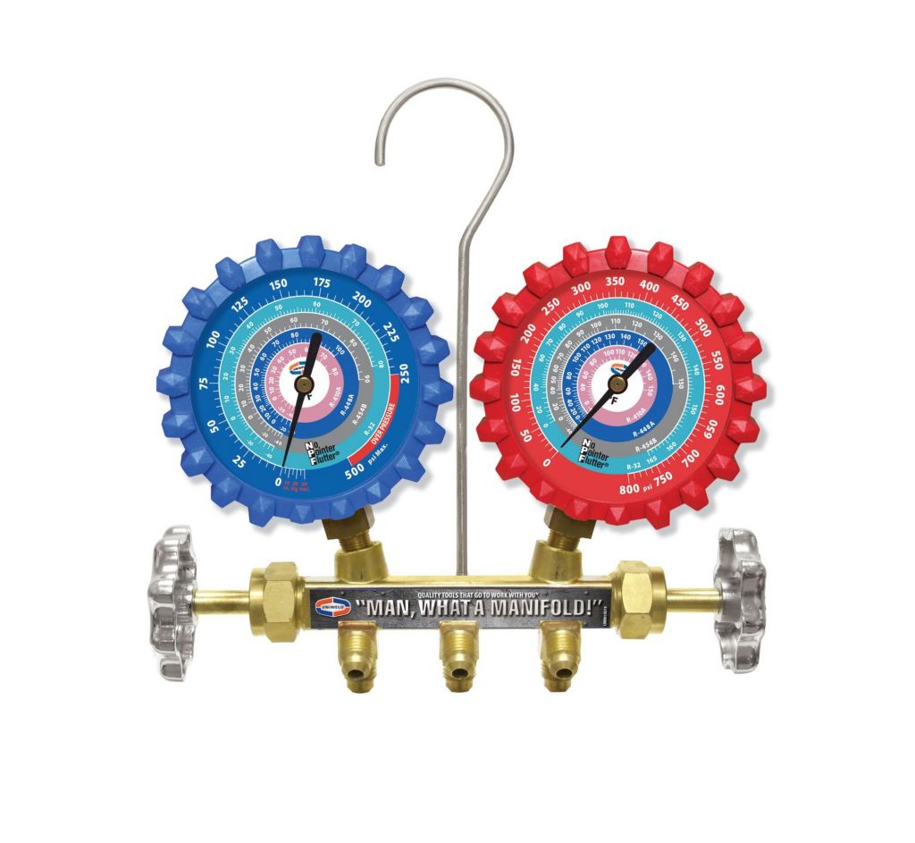 TP-A2LM - A2L Two Valve Brass Manifold with 3-1/8" NPF® Gauges (R-32/R-454B/R-448A/R410A) No Hoses