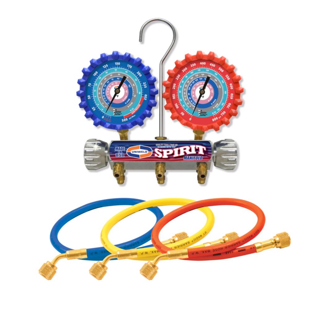 TP-A2LSM5H - A2L Two Valve Aluminum Spirit Manifold with 3-1/8" NPF® Gauges (R-32/R-454B/R-448A/R410A) and 5 ft. Hoses