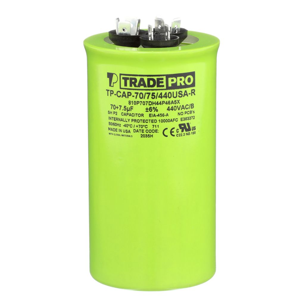 TP-CAP-70/7.5/440USA-R - Round Dual Run Capacitor 70+ 7.5 MFD 440/370V (Made in USA)
