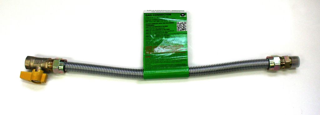 TP-GC-121212MF-24V - Stainless Steel Gas Connector , 5/8" OD, 1/2" MIP x 1/2" FIP x 18" Long With Shut Off Valve