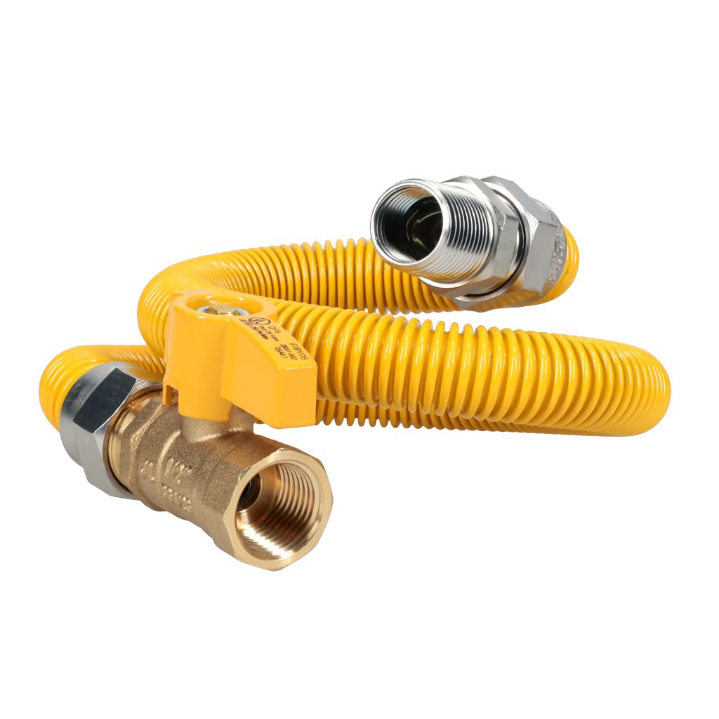 TP-GCY-581212MF-24V -Stainless Steel Yellow-Coated Gas Connector, 5/8" OD, 1/2" MIP x 1/2" FIP x 24" Long With Shut Off Valve