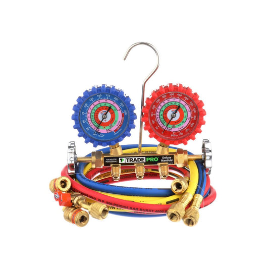 TP-2VM5HEZ - 2-Valve Brass Manifold for R-410a/404a/22 5 FT. EZ TURN® ANTI-BLOWBACK HOSES 2.5” LPF™ Color Coded Gauges