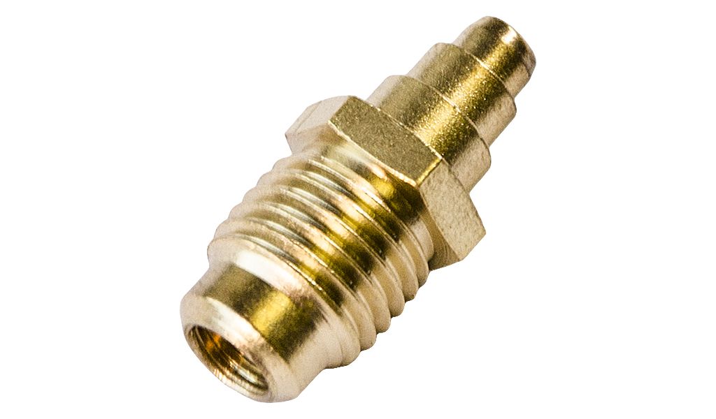 TP-8400/6 - 1/4″ Male Flare Access Body, Solder End Has 1/8″ ID and 3/16″, 1/4″ and 5/16″ OD Steps, Brass Cap And Valve Core