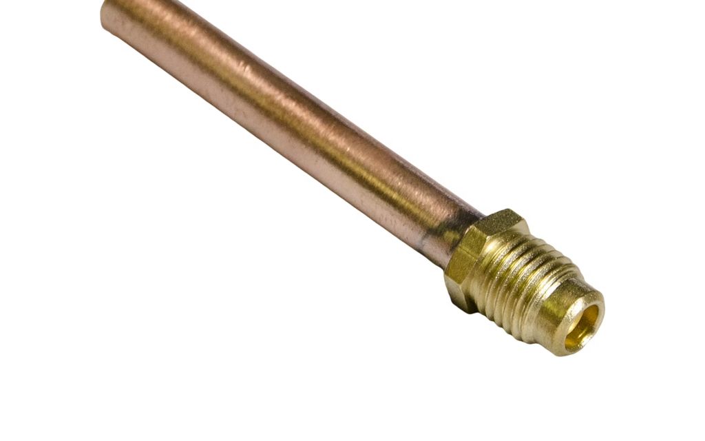 TP-8406/6 - 1/4″ Male Flare Access Fitting With 3/8″ Copper Tube Extension, TP-2245 Brass Cap and Valve Core