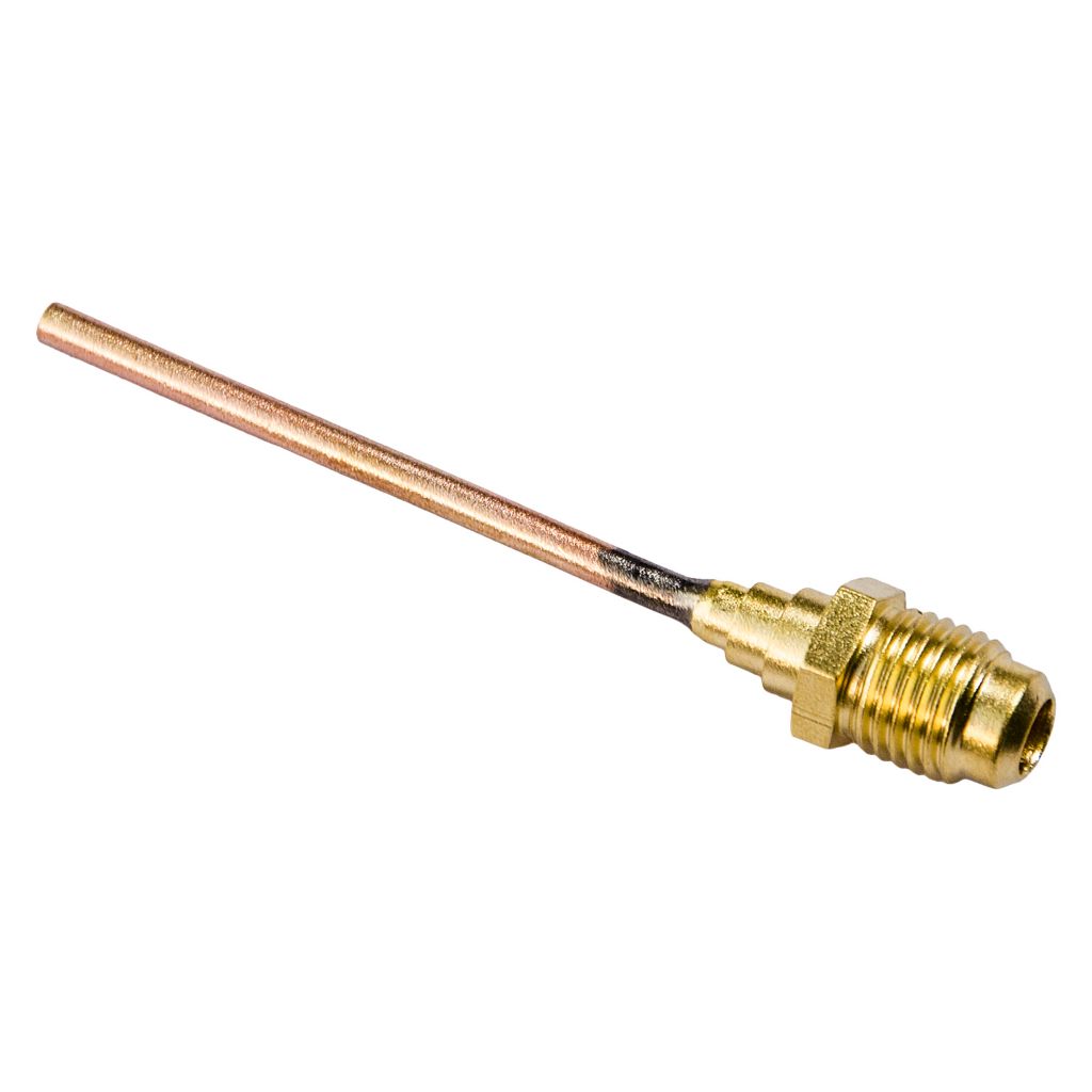 TP-8408/6 - 1/4″ Male Flare Access Fitting with 1/8″ Copper Tube Extension, TP-2245 Brass Cap and Valve Core