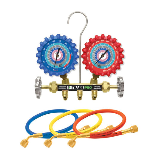 TP-A2LM5H - A2L Two Valve Brass Manifold with 3-1/8" NPF® Gauges (R-32/R-454B/R-448A/R410A) and 5 ft. Hoses