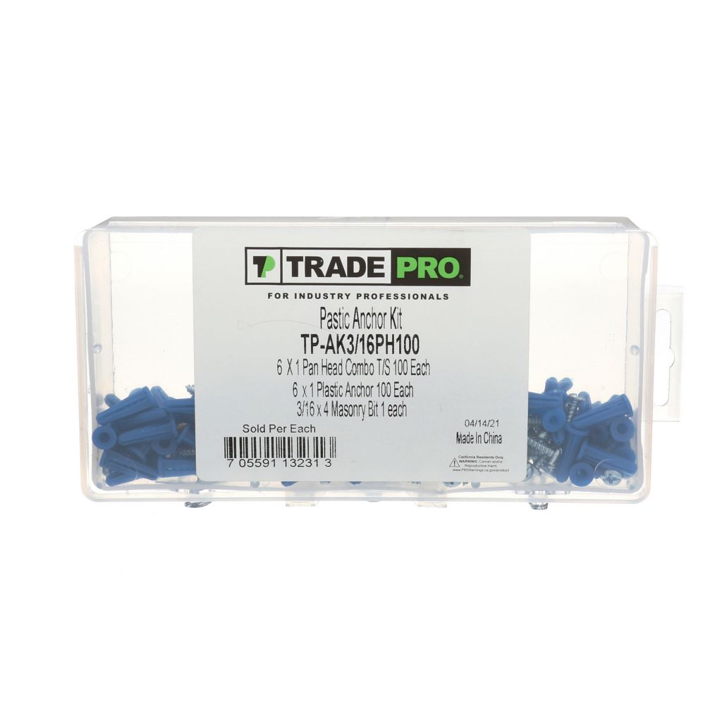 TP-AK1/4PH100- Plastic Anchor Kit with #10 x 1 Pan Head Combo Screws (100 Anchors, 100 Screws and 1 Masonry Drill Bit)