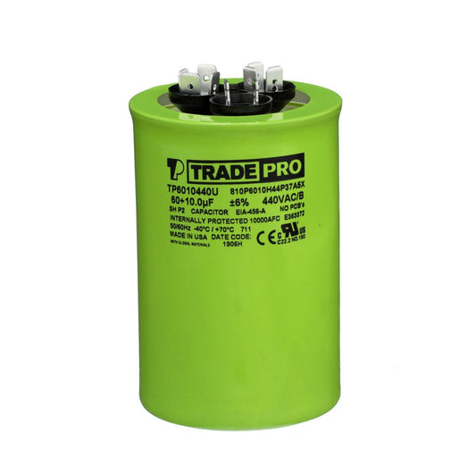 TP-CAP-60/10/440USA-R - Round Dual Run Capacitor 60+10 MFD 440/370V (Made in USA)