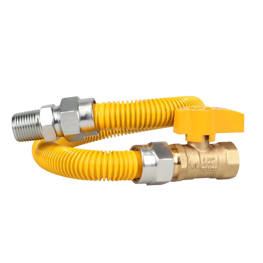 TP-GCY-581212MF-18V -Stainless Steel Yellow-Coated Gas Connector, 5/8" OD, 1/2" MIP x 1/2" FIP x 18" Long With Shut Off Valve