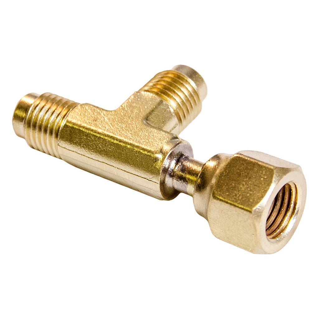 1/4″ F. Flare With Depressor Tip X 1/4″ M. Flare Access X 1/4″ M. Flare Access On Branch, One Valve Core, Forged Brass